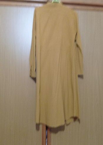 Bej Uzun Kesim Düğmeli Keten Hamile Kabanı - Görsel 2