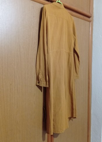 Bej Uzun Kesim Düğmeli Keten Hamile Kabanı - Görsel 3