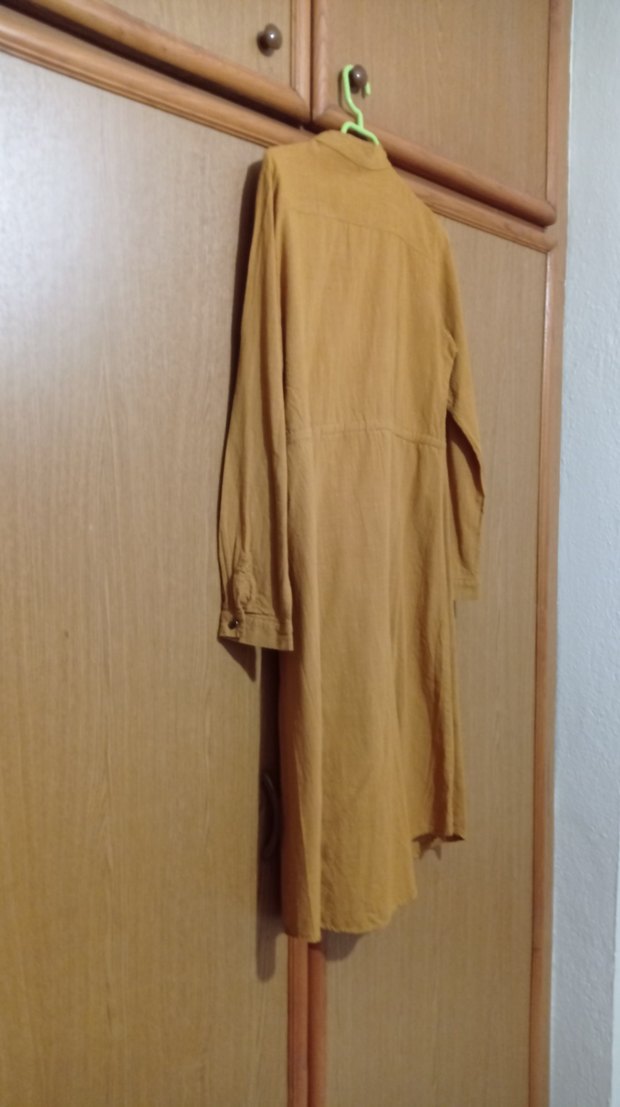 Bej Uzun Kesim Düğmeli Keten Hamile Kabanı - Görsel 3