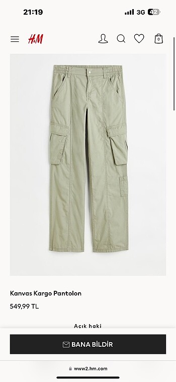 H&M acik haki kargo pantolon