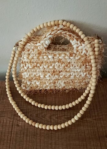 Boncuklu Bej Örgü Bohem Kadın Çanta