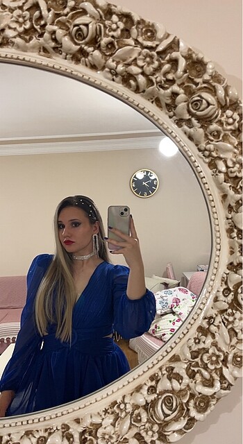 38 Beden Mavi Simli Kemer Detaylı Abiye