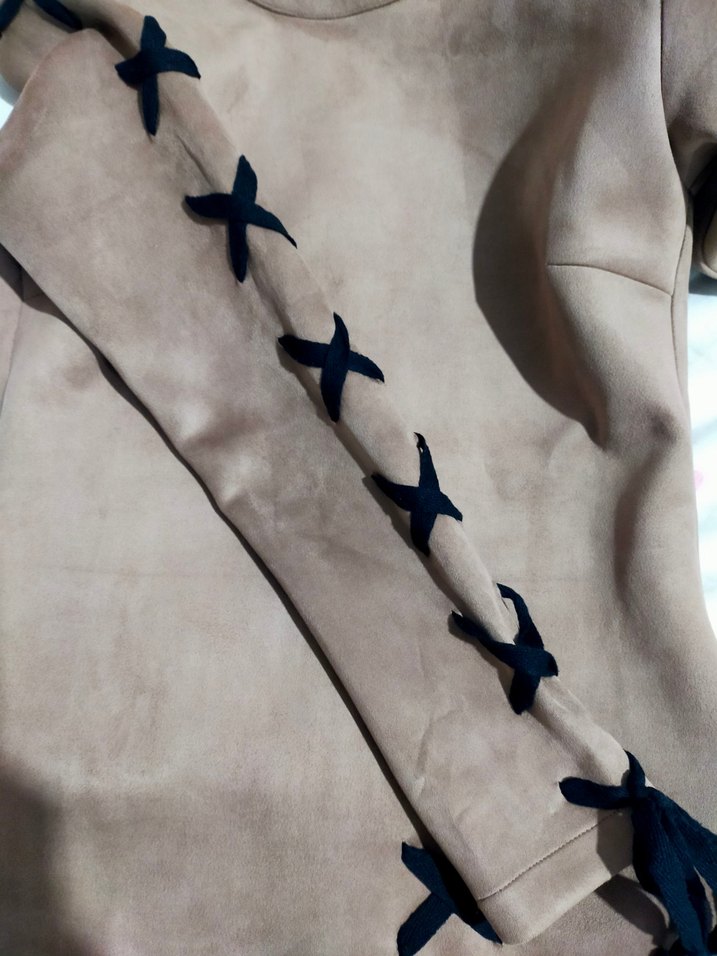 Süet Kumaşlı Uzun Bej Kadın elbise - Görsel 3