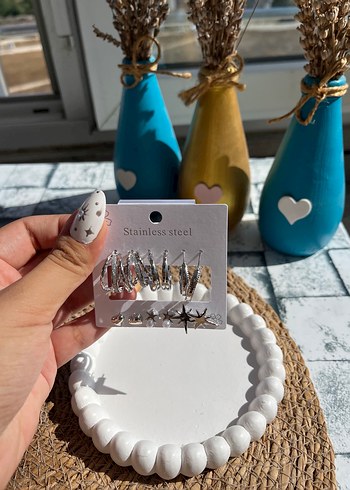 Beden mavi Renk Çelik 6lı Silver Küpe Seti