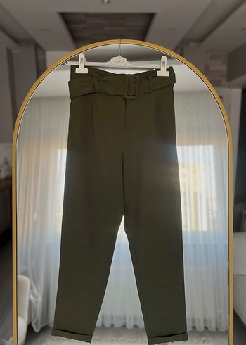 s Beden Kadın Haki Kumaş Kemerli Pantolon