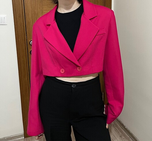 s Beden pembe Renk Crop Blazer Ceket