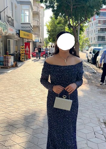 Uzun Kollu Drapeli Lacivert Abiye Elbise - Görsel 2