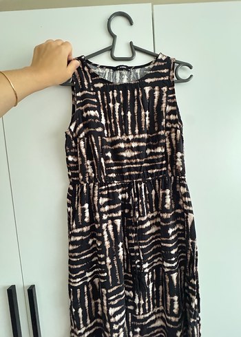 Kahverengi Piliseli Bağlama Desenli Hamile Midi Elbise - Görsel 3