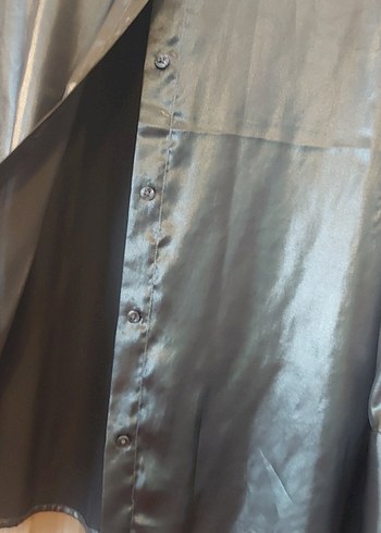 Gri Parlak Kadın Saten Gömlek - Görsel 5