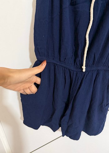 Mavi Keten Kadın Tulum Halter Yaka - Görsel 3