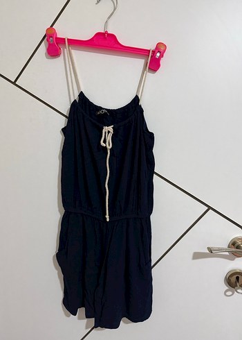 Mavi Keten Kadın Tulum Halter Yaka - Görsel 2