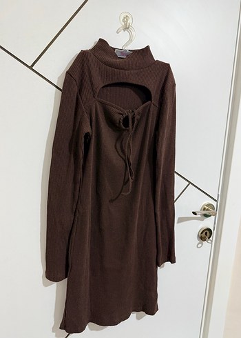 Uzun Kollu Kahverengi Midi Triko Elbise - Görsel 3