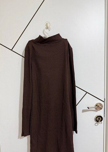 Uzun Kollu Kahverengi Midi Triko Elbise - Görsel 2