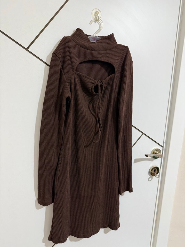 Uzun Kollu Kahverengi Midi Triko Elbise - Görsel 3