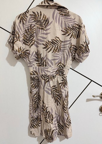 Bej Zebra Desenli Kısa Kollu Keten Tulum - Görsel 3