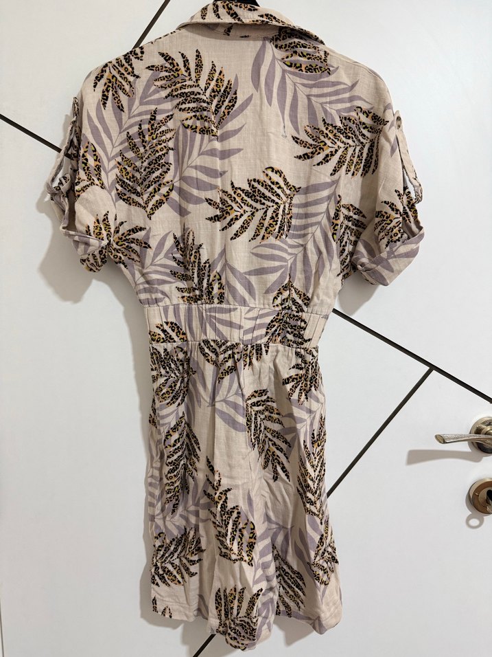 Bej Zebra Desenli Kısa Kollu Keten Tulum - Görsel 3