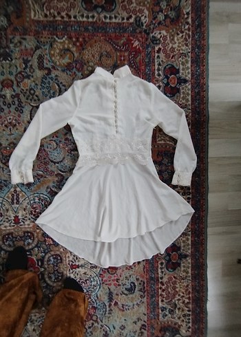 40 Beden beyaz Renk Düğmeli Beyaz Mini Elbise, Uzun Kollu, Nakışlı