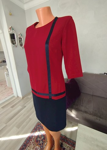 Defacto Kemer Detaylı Kırmızı Lacivert Kadın Kalem Elbise