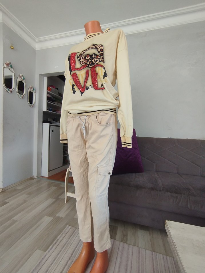 Bej Renkli Örme Mini Kadın Sweatshirt Pantolon - Görsel 2