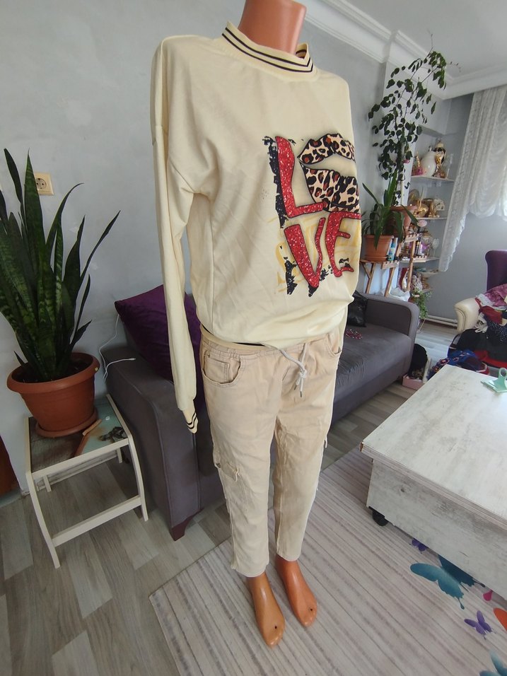 Bej Renkli Örme Mini Kadın Sweatshirt Pantolon - Görsel 5