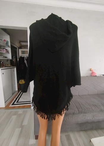 diğer Beden Siyah Püsküllü Kadın Triko Panço