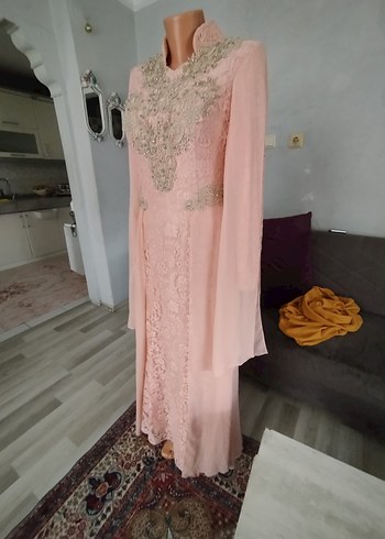 40 Beden pembe Renk Dantel İşlemeli Pembe Uzun Abiye Elbise