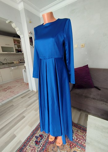 Uzun Kollu Parlak Mavi Kadın Elbise - Görsel 12