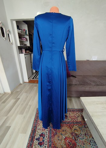 Uzun Kollu Parlak Mavi Kadın Elbise - Görsel 6