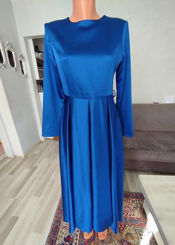 Uzun Kollu Parlak Mavi Kadın Elbise - Görsel 13