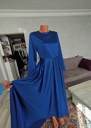Uzun Kollu Parlak Mavi Kadın Elbise - Görsel 10