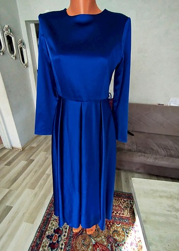 Uzun Kollu Parlak Mavi Kadın Elbise - Görsel 11