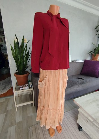 Bordo Drapeli Uzun Kadın Bluz Etek - Görsel 3