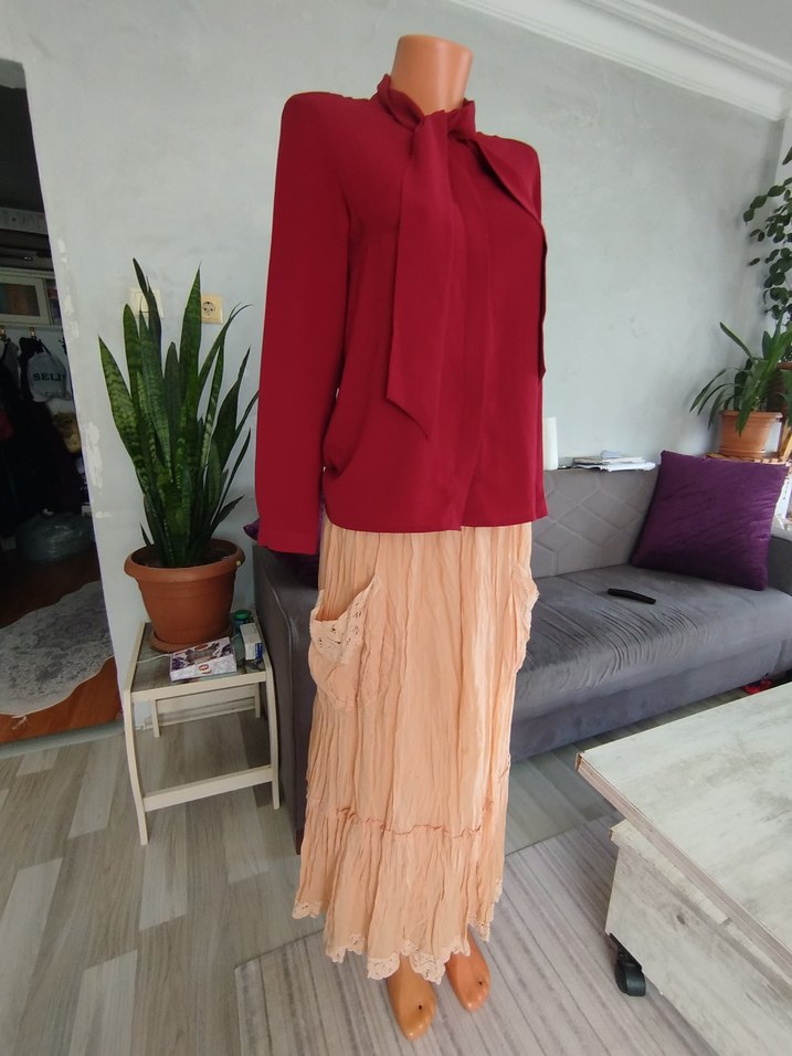 Bordo Drapeli Uzun Kadın Bluz Etek - Görsel 3