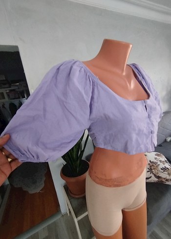 American Eagle Düğmeli Kısa Kollu Mor Keten Bluz