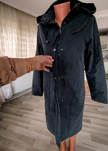 Kadın Gri Uzun Düğmeli Street Style Yağmurluk - Görsel 4