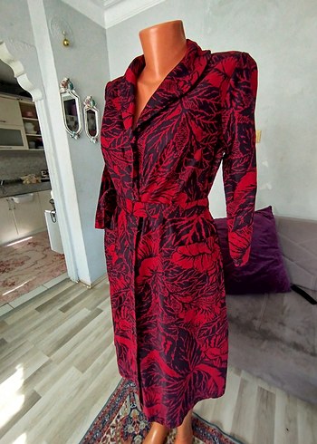 Bordo Desenli Uzun Düğmeli Ofis Elbisesi - Görsel 7