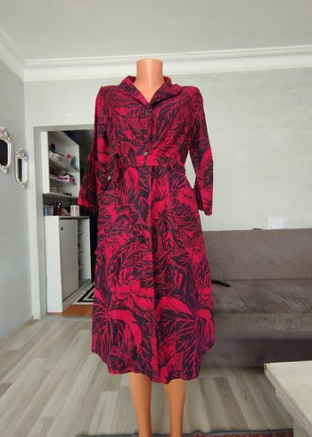 Bordo Desenli Uzun Düğmeli Ofis Elbisesi - Görsel 8