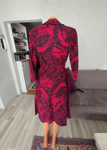 Bordo Desenli Uzun Düğmeli Ofis Elbisesi - Görsel 6