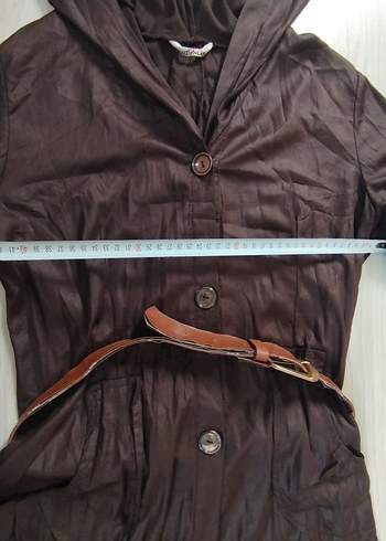 Düğmeli Kahverengi Uzun Keten Kadın Yağmurluk - Görsel 9