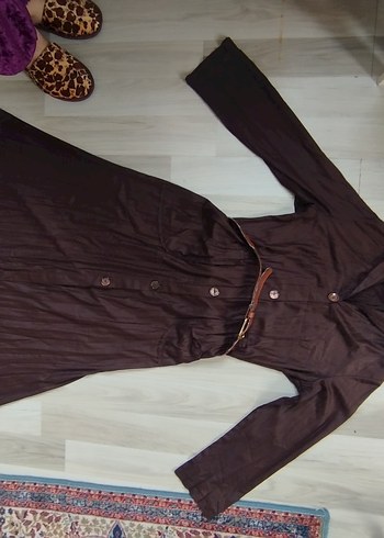 Düğmeli Kahverengi Uzun Keten Kadın Yağmurluk - Görsel 11