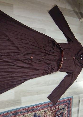 Düğmeli Kahverengi Uzun Keten Kadın Yağmurluk - Görsel 7