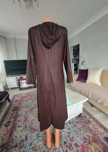 Düğmeli Kahverengi Uzun Keten Kadın Yağmurluk - Görsel 2