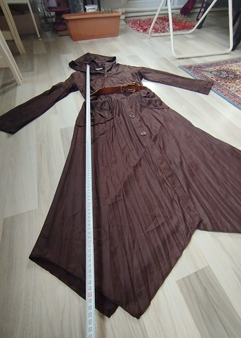 Düğmeli Kahverengi Uzun Keten Kadın Yağmurluk - Görsel 8