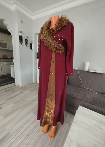 Diğer Bordo Uzun Kollu Bohem Yün Detaylı Elbise