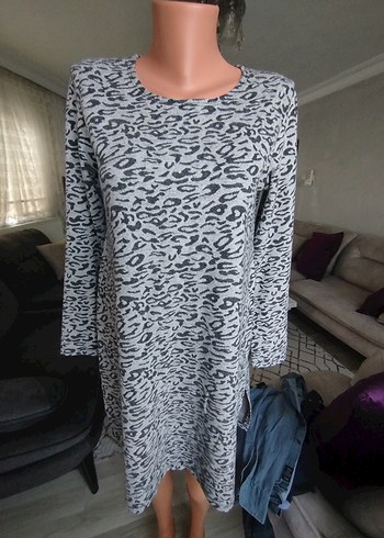 Gri Zebra Desenli Örgü Kadın Elbise tünik - Görsel 4