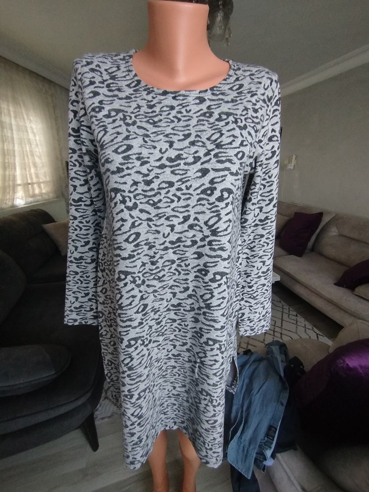 Gri Zebra Desenli Örgü Kadın Elbise tünik - Görsel 4