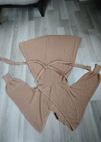 Bej V Yakalı Uzun Örme Elbise - Görsel 9