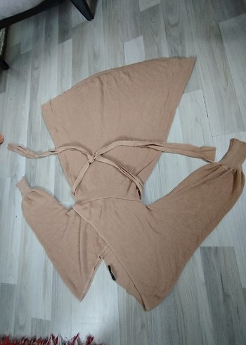 Bej V Yakalı Uzun Örme Elbise - Görsel 10