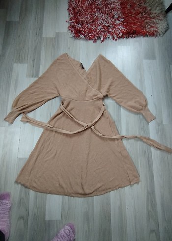 Bej V Yakalı Uzun Örme Elbise - Görsel 2