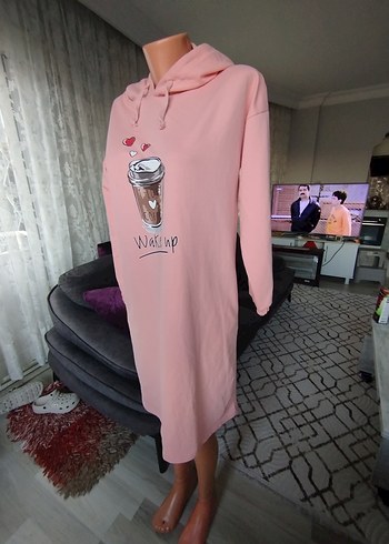 Pembe Kapüşonlu Uzun Sweatshirt - Görsel 6
